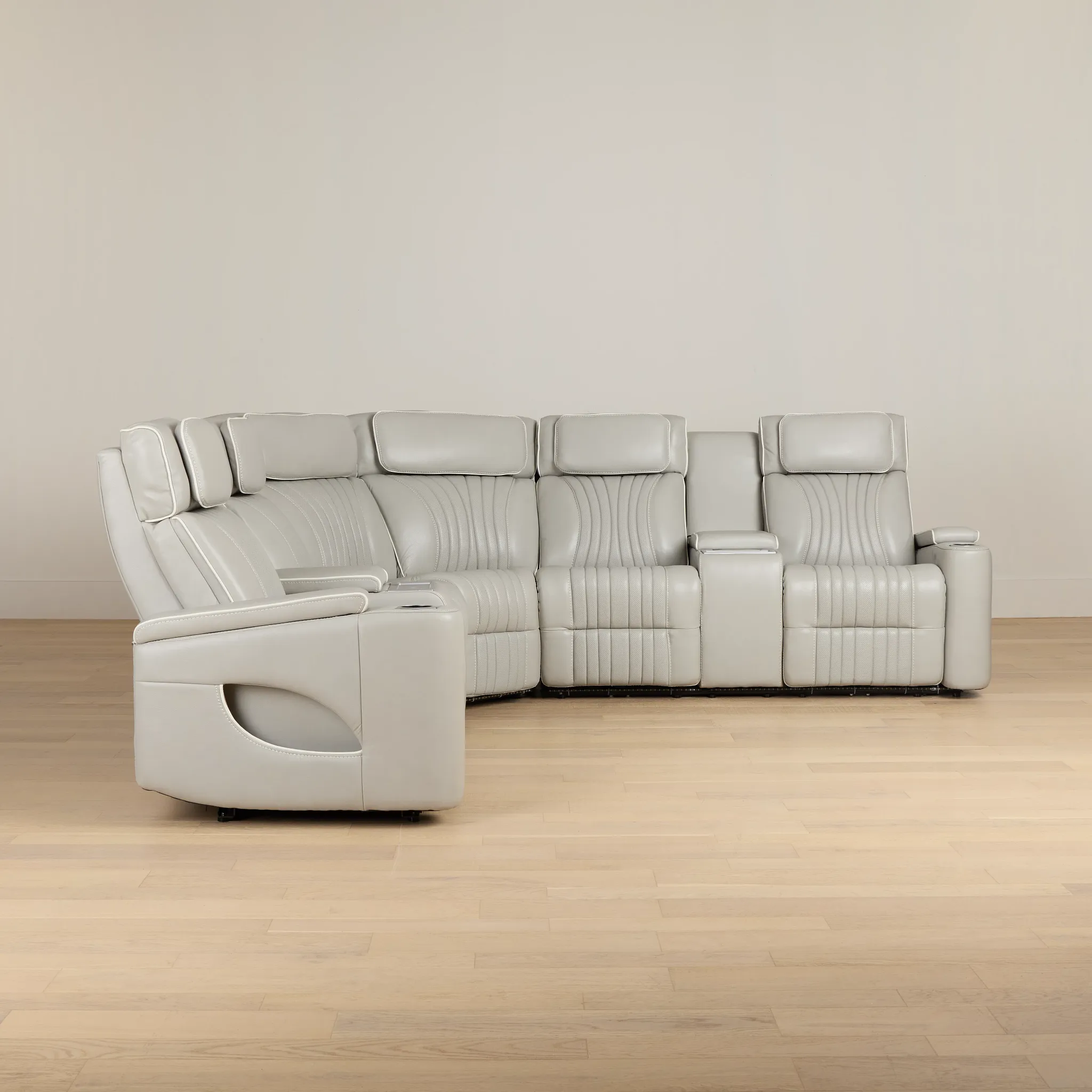 Nova Light Gray Lthr/vinyl Medium 2-arm Quadruple Power Massage Sectional