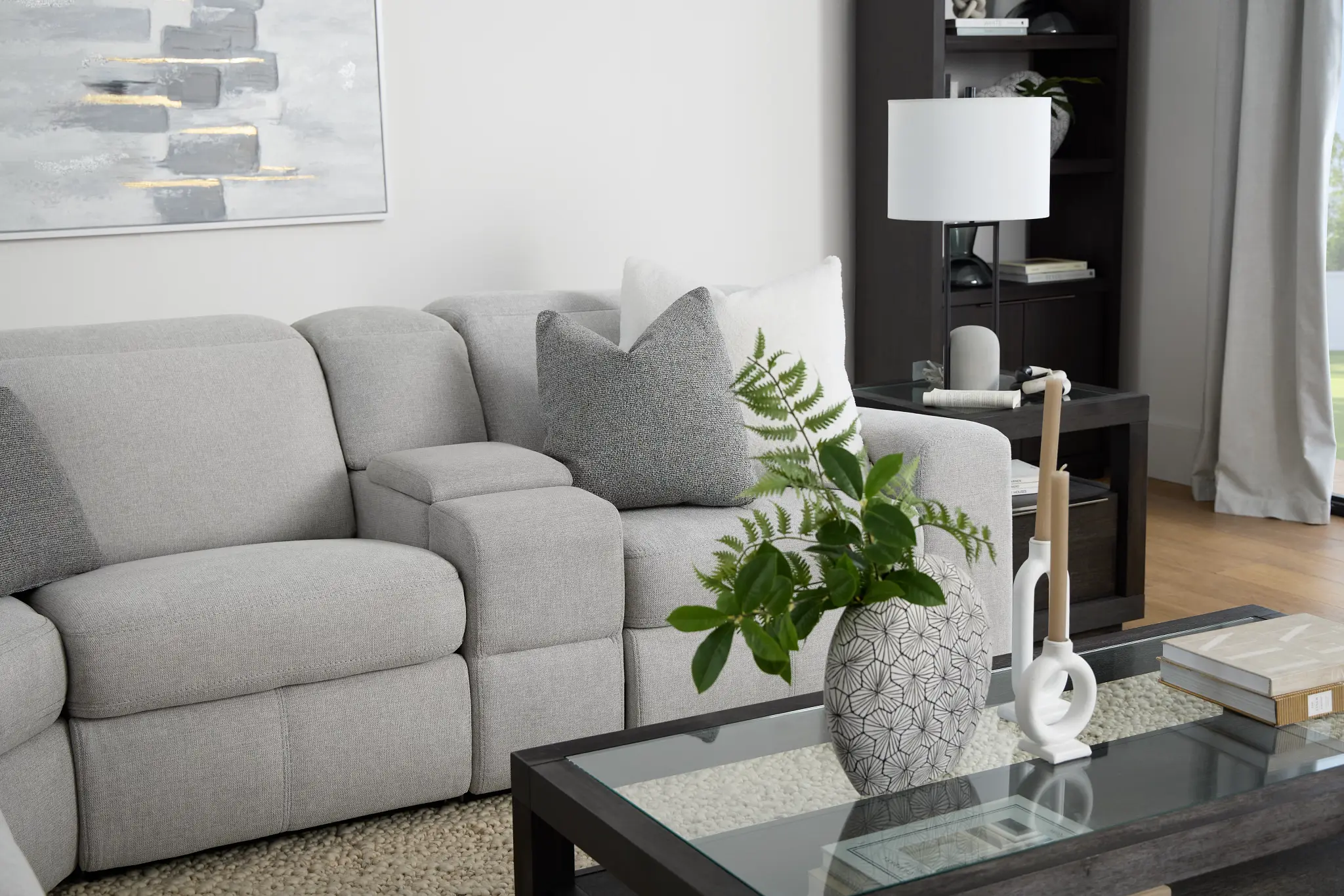 Callum Light Gray Fabric Large Dual Power Reclining Two-arm Sectional Callum Light Gray Fabric Large Dual Power Reclining Two-arm Sectional