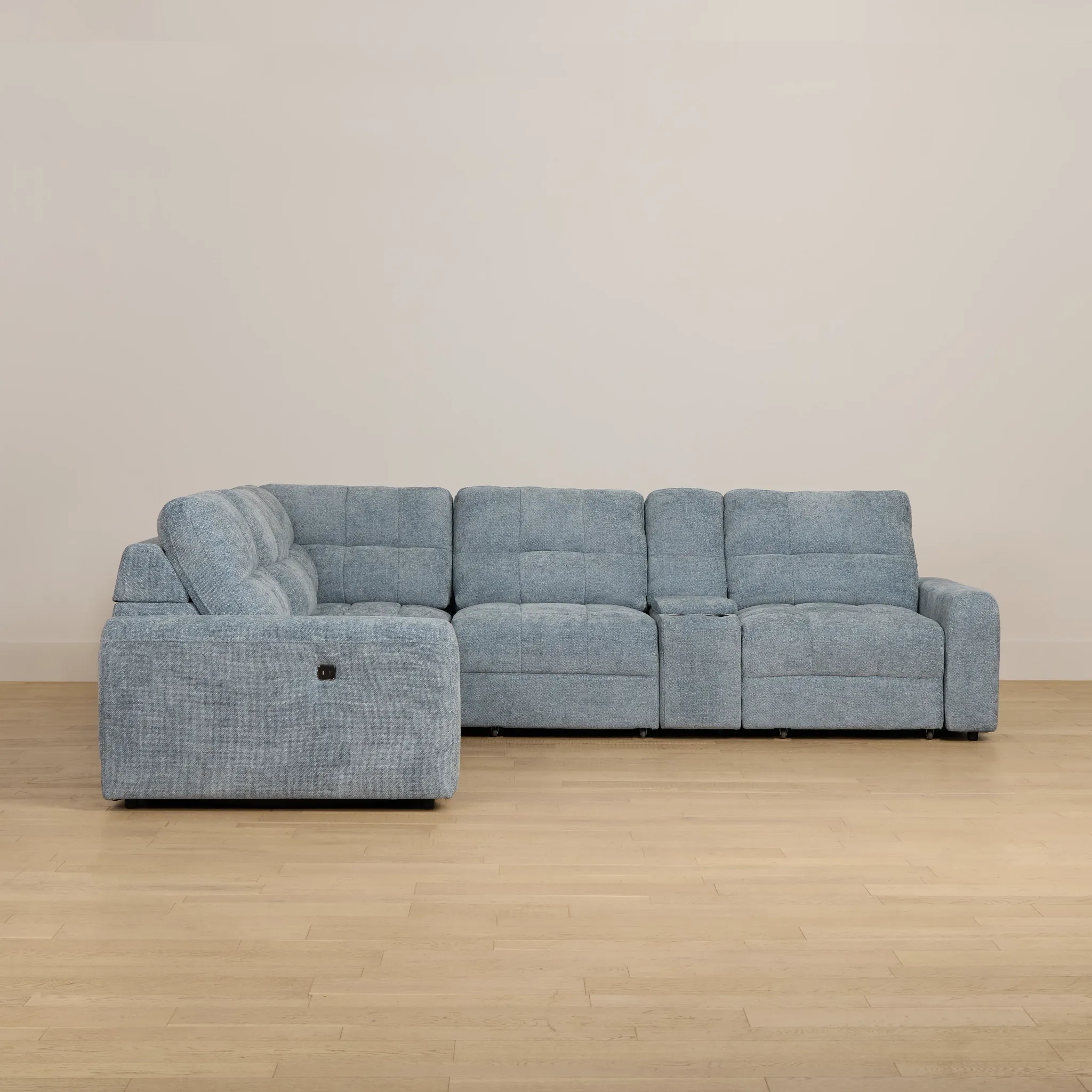 Hendrix Light Blue Fabric Medium Tri Power 2 Arm Extension Chaise Sectional