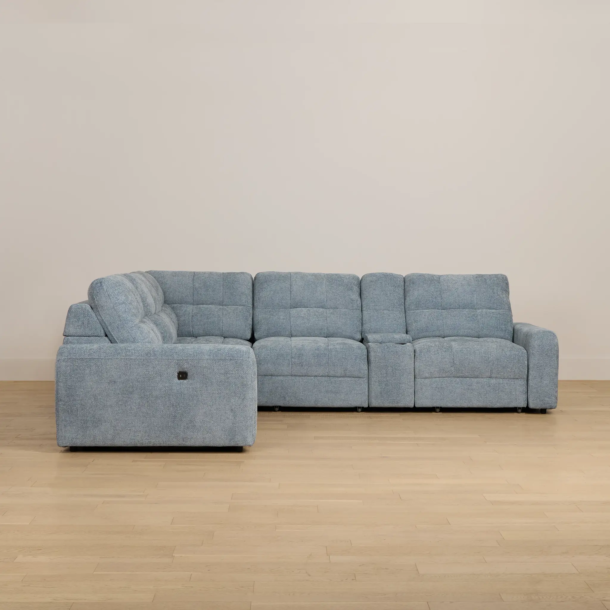 Hendrix Light Blue Fabric Medium Tri Power 2 Arm Extension Chaise Sectional Hendrix Light Blue Fabric Medium Tri Power 2 Arm Extension Chaise Sectional