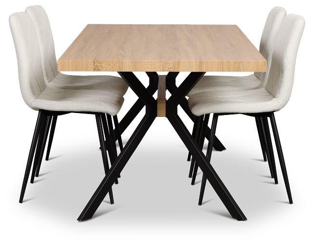 Lynden Light Tone Rect Table & 4 White Upholstered Side Chairs