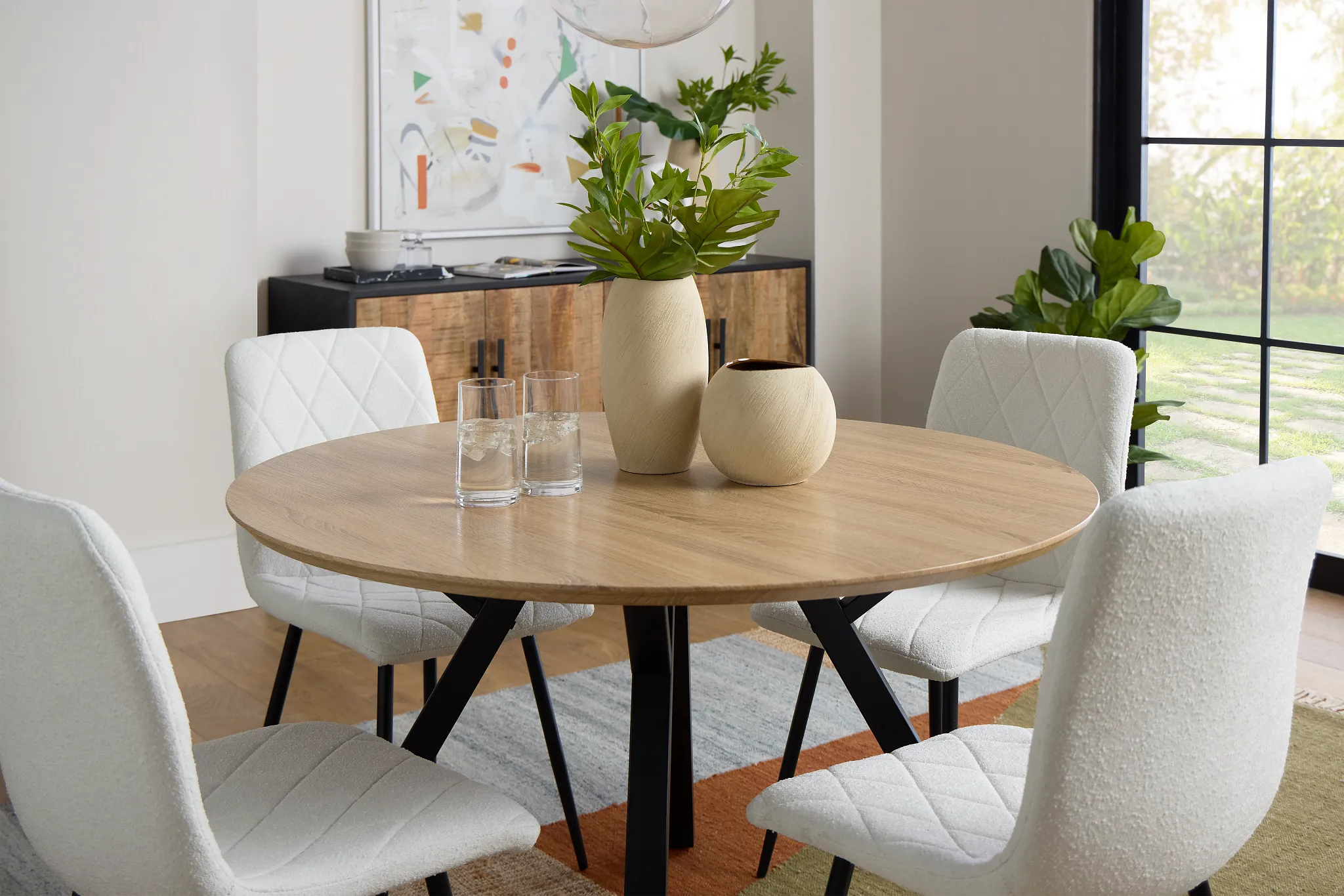 Lynden Light Tone Round Table & 4 White Upholstered Side Chairs