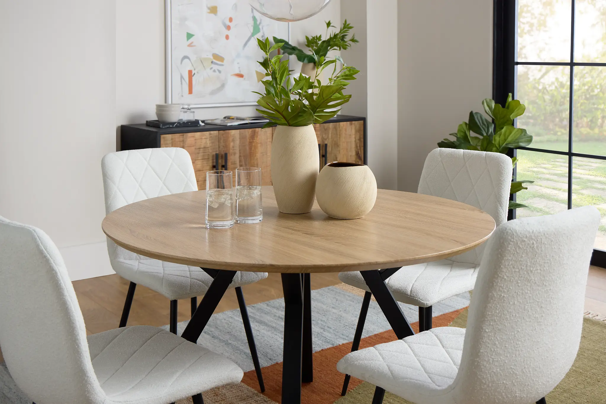 Lynden Light Tone Round Table & 4 White Upholstered Side Chairs Lynden Light Tone Round Table & 4 White Upholstered Side Chairs
