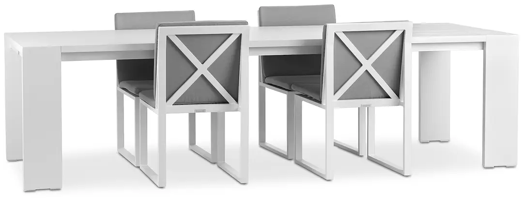 Linear White Dark Gray 110" Aluminum Table & 4 Cushioned Side Chairs Linear White Dark Gray 110" Aluminum Table & 4 Cushioned Side Chairs