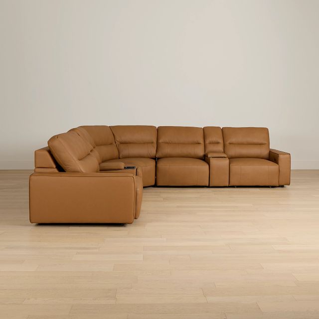 Rudy Brown Lthr/vinyl Large Dual Power 2 Arm Extension Chaise Sectional