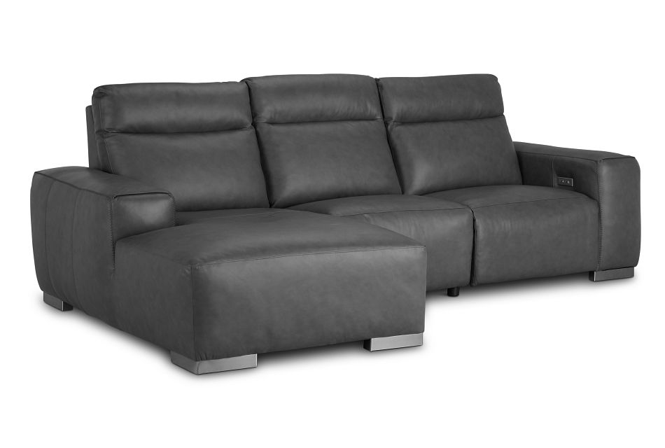 Elba Gray Leather Small Dual Power Left, Small Sectional Leather Sofa With Recliner