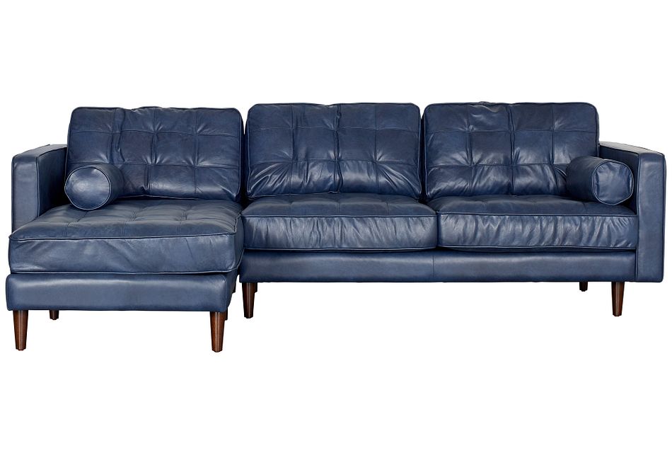 Encino Dark Blue Leather Left Chaise, Blue Leather Sectional Sofa With Chaise