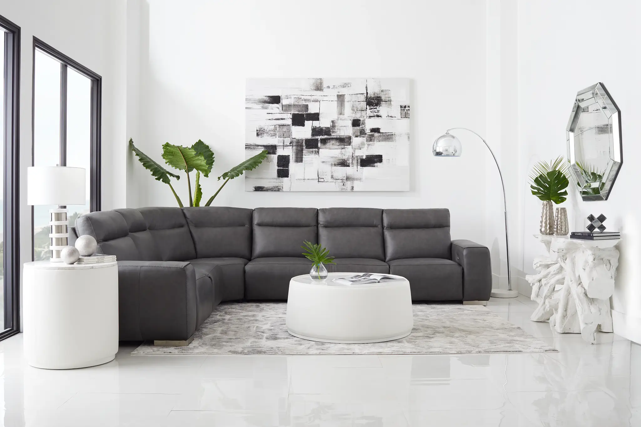 Elba Dark Gray Leather Medium Dual Power 2-arm Reclining Sectional Elba Dark Gray Leather Medium Dual Power 2-arm Reclining Sectional