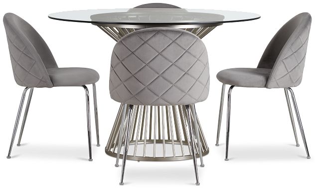 Munich Silver Glass Table & 4 Gray Upholstered Chairs
