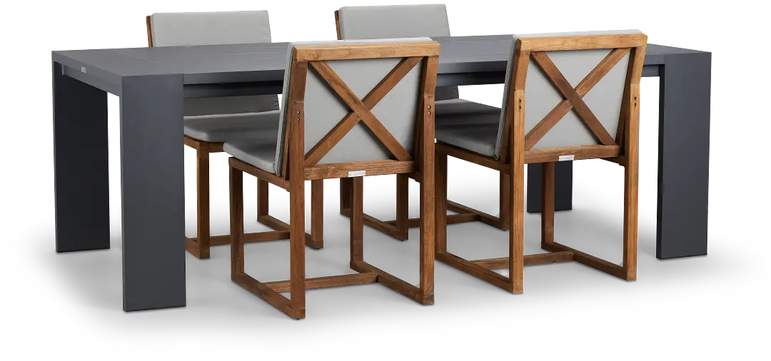 Linear Dark Gray 87" Aluminum Table & 4 Teak Cushioned Side Chairs Linear Dark Gray 87" Aluminum Table & 4 Teak Cushioned Side Chairs