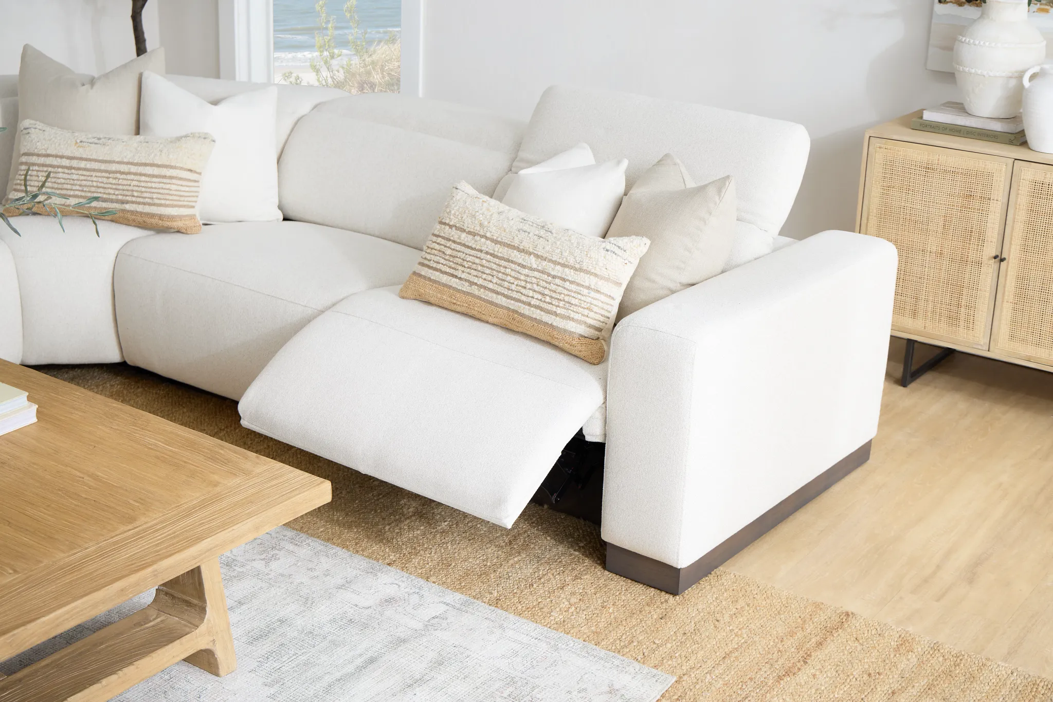 Leona Light Beige Fabric Small Triple Power Reclining Two-arm Sectional