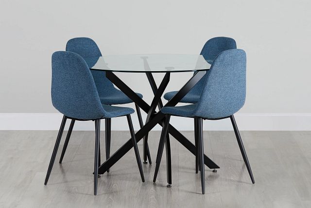 Havana Black Blue Round Table & 4 Upholstered Chairs