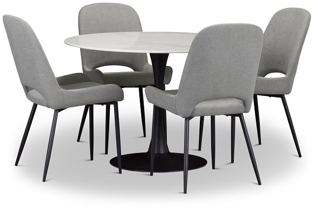 Brela White Round Table & 4 Gray Upholstered Chairs