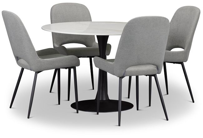 Brela White Marble Round Table & 4 Gray Upholstered Chairs
