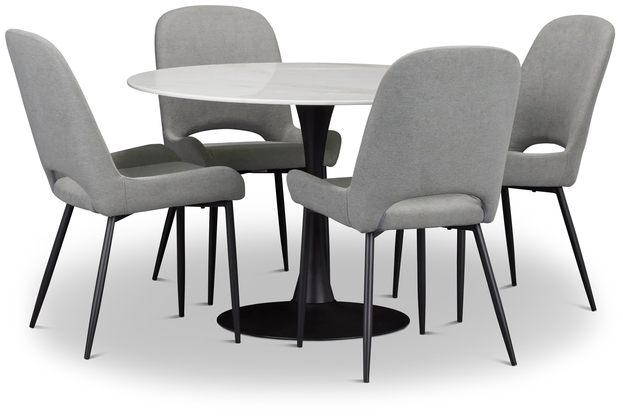 Brela White Round Table & 4 Gray Upholstered Chairs Brela White Round Table & 4 Gray Upholstered Chairs