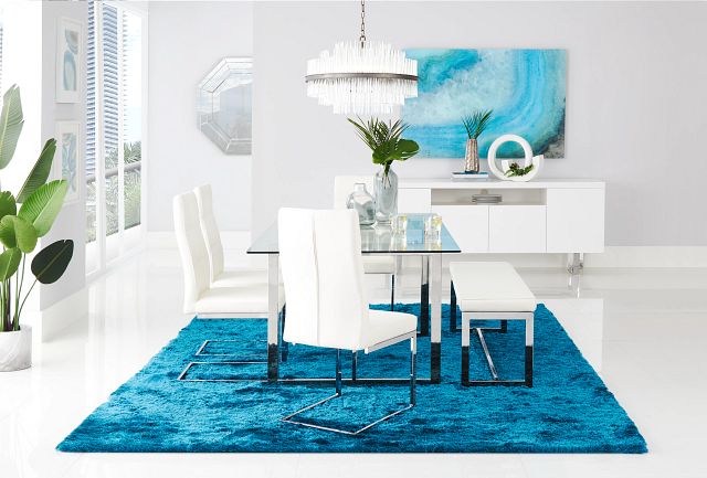 Bronx Glass White Table, 4 Chairs & Bench