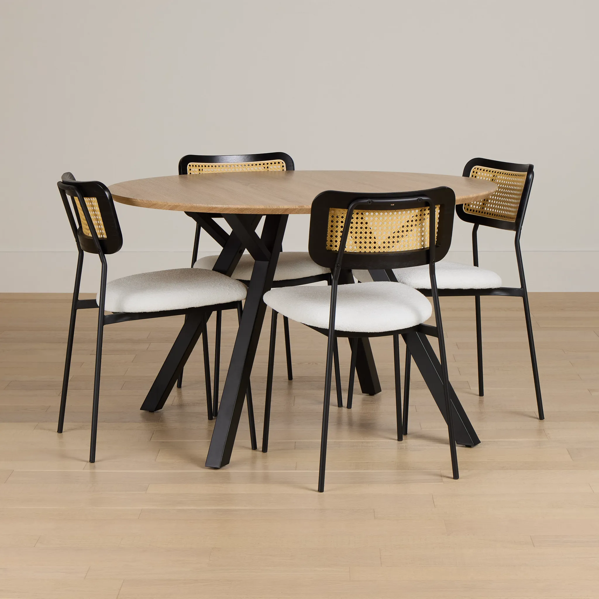 Lynden Light Tone Round Table & 4 White Woven Upholstered Side Chairs