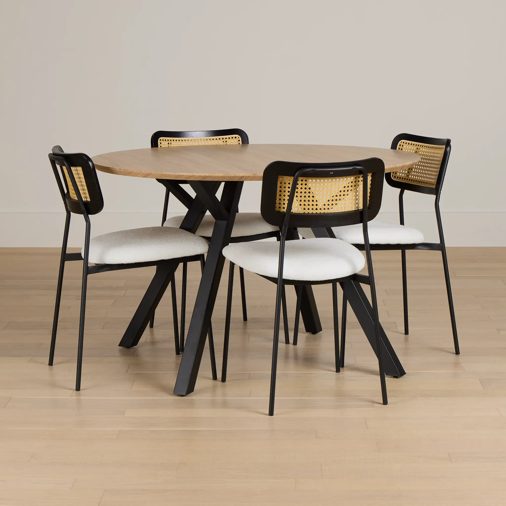 Lynden Light Tone Round Table & 4 White Woven Upholstered Side Chairs Lynden Light Tone Round Table & 4 White Woven Upholstered Side Chairs