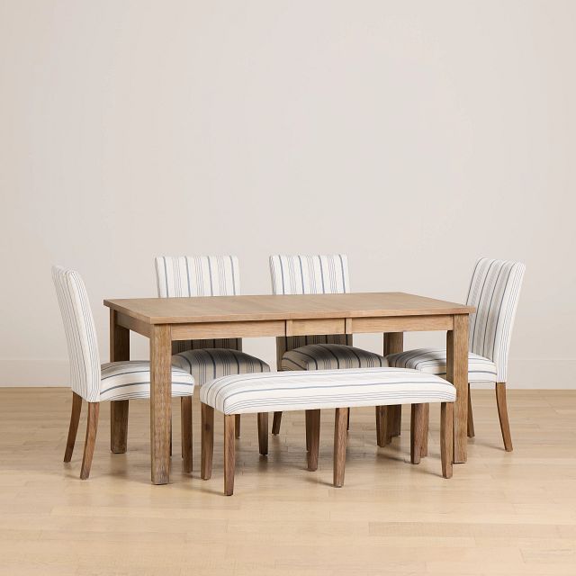 Woodstock Light Tone Uph Table, 4 Chairs & Bench