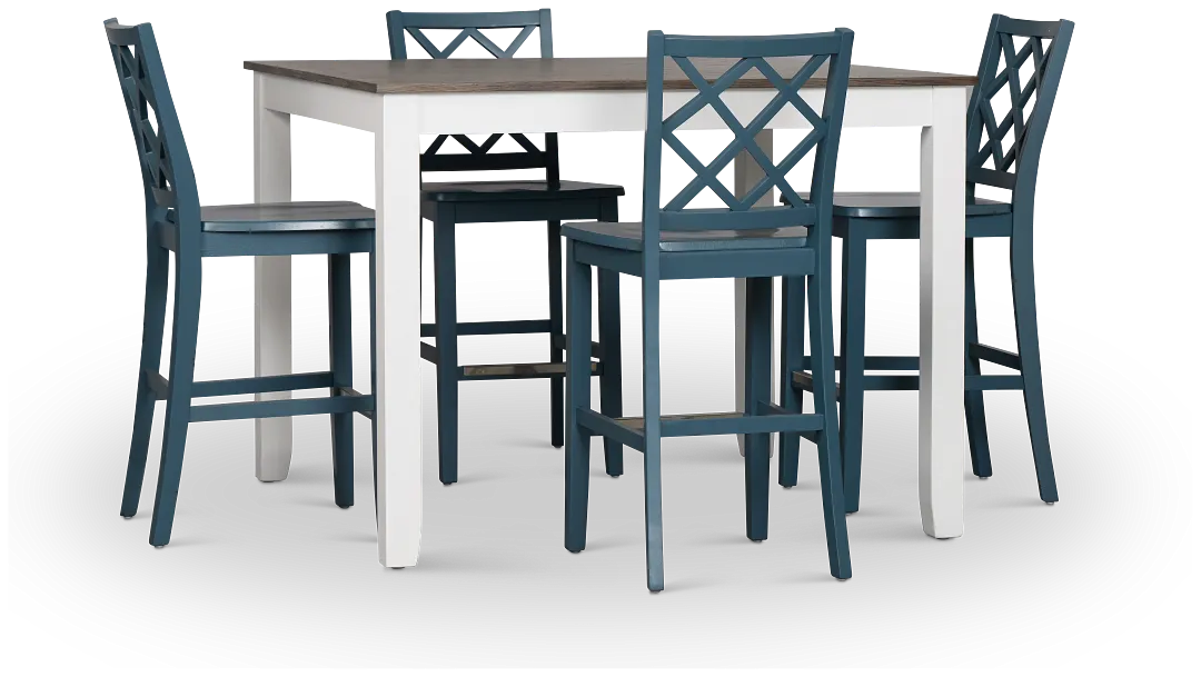 Edgartown Two-tone Square High Table & 4 Navy Wood Barstools
