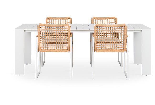 Sunrise White 86" Rectangular Table & 4 Teak Arm Chairs