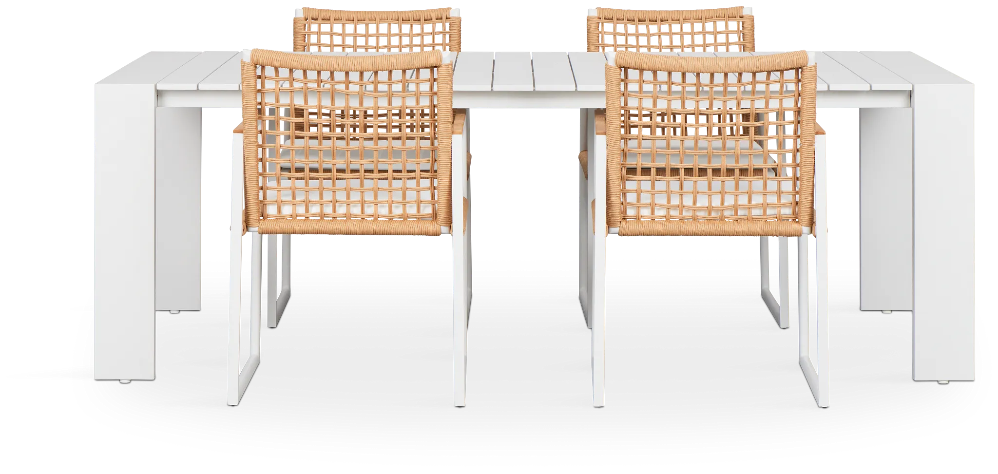Sunrise White 86" Rectangular Table & 4 Teak Arm Chairs