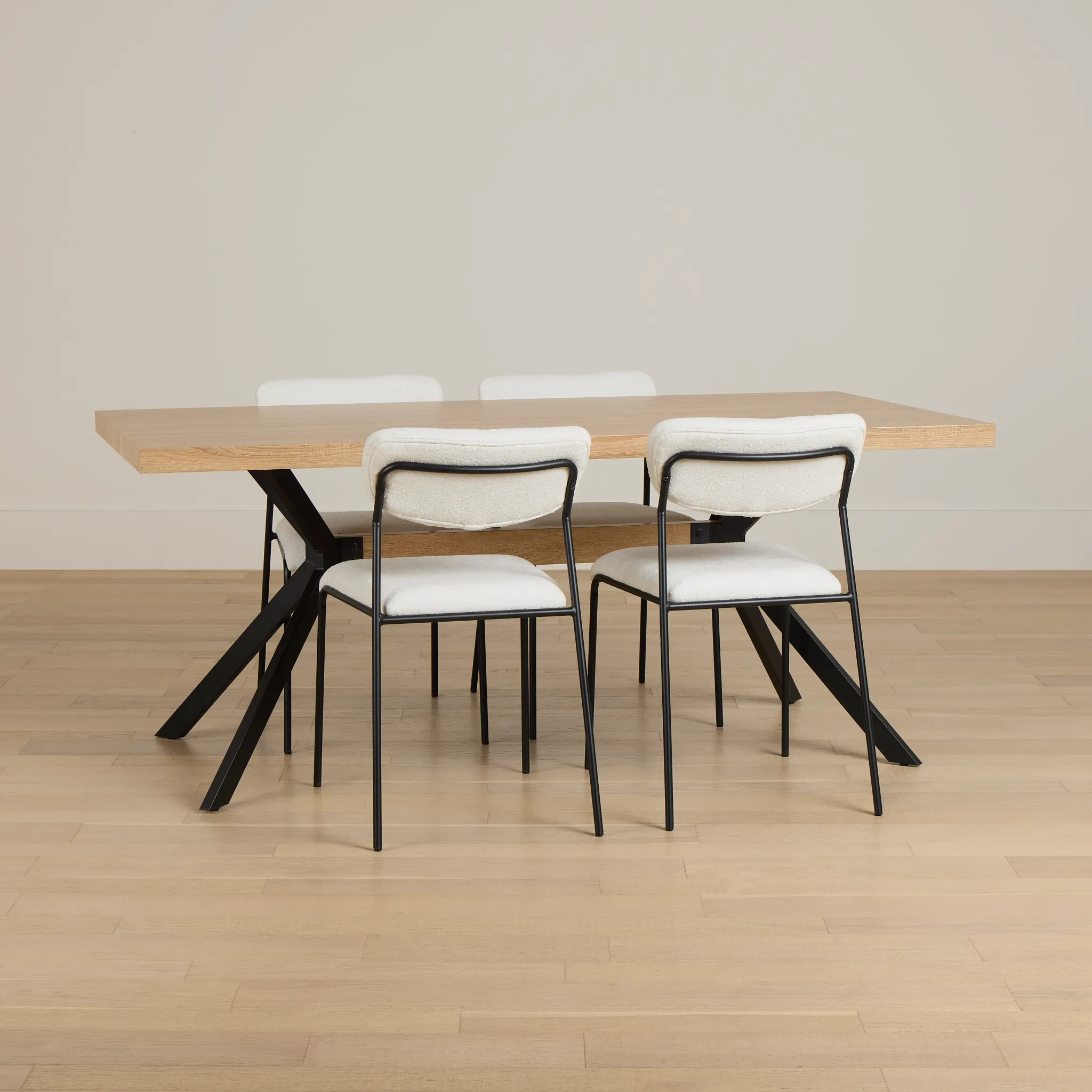 Lynden Light Tone Rect Table & 4 White Metal Upholstered Side Chairs