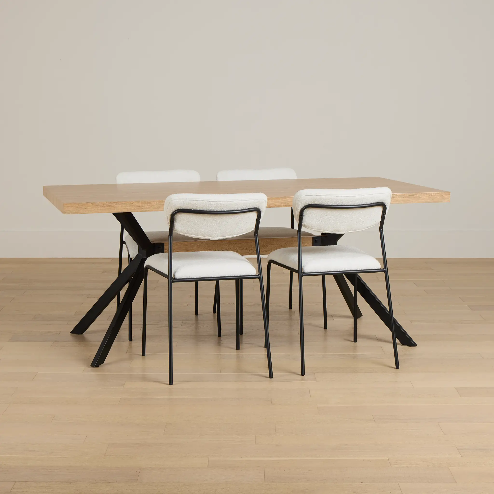 Lynden Light Tone Rect Table & 4 White Metal Upholstered Side Chairs Lynden Light Tone Rect Table & 4 White Metal Upholstered Side Chairs