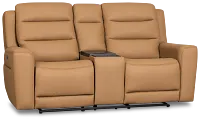 Wilder Brown Leather Power Reclining Console Loveseat With Refrigerator