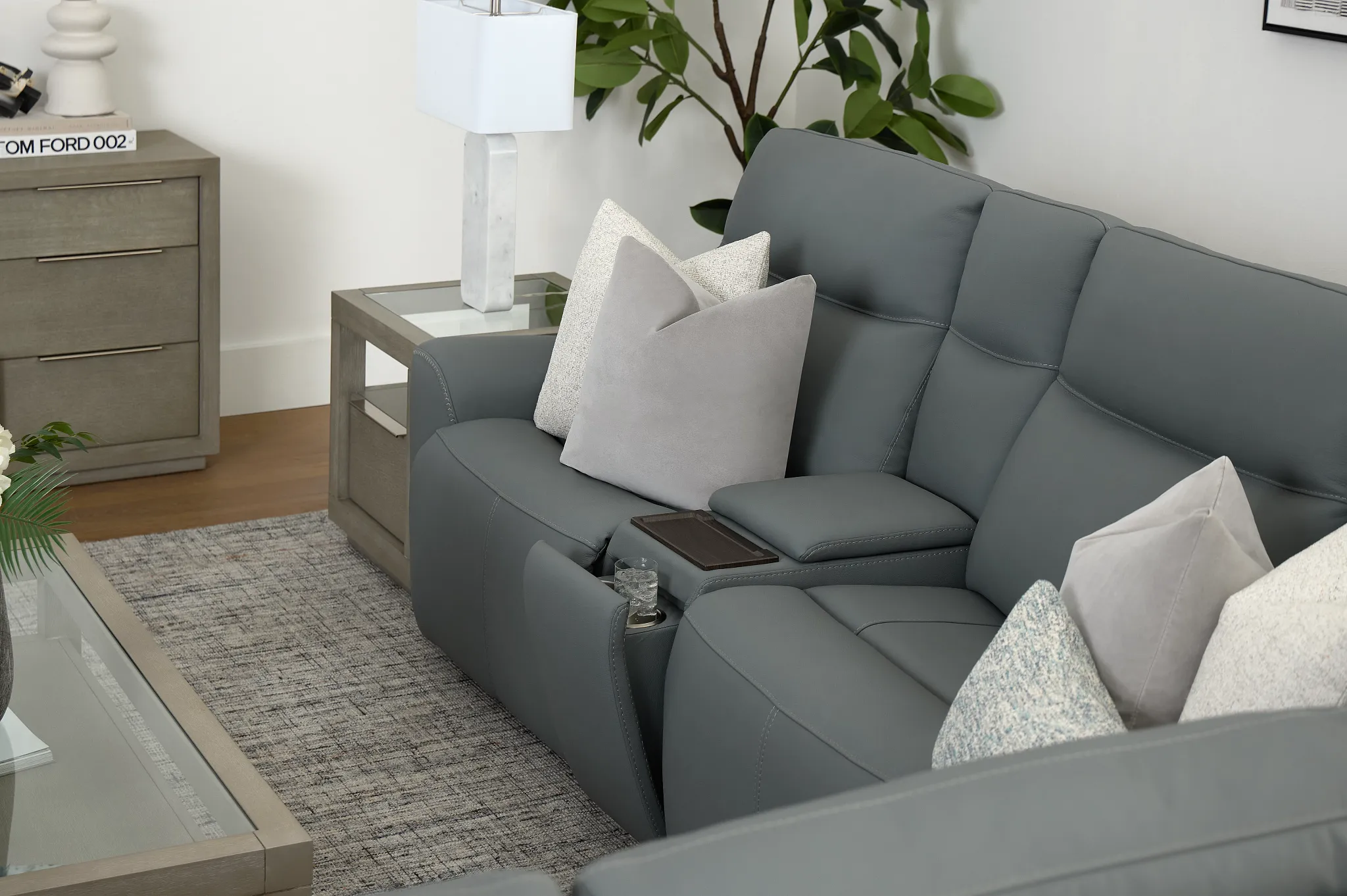 Flexsteel Sterling Blue Lthr/vinyl Medium Triple Power 2-arm Sectional