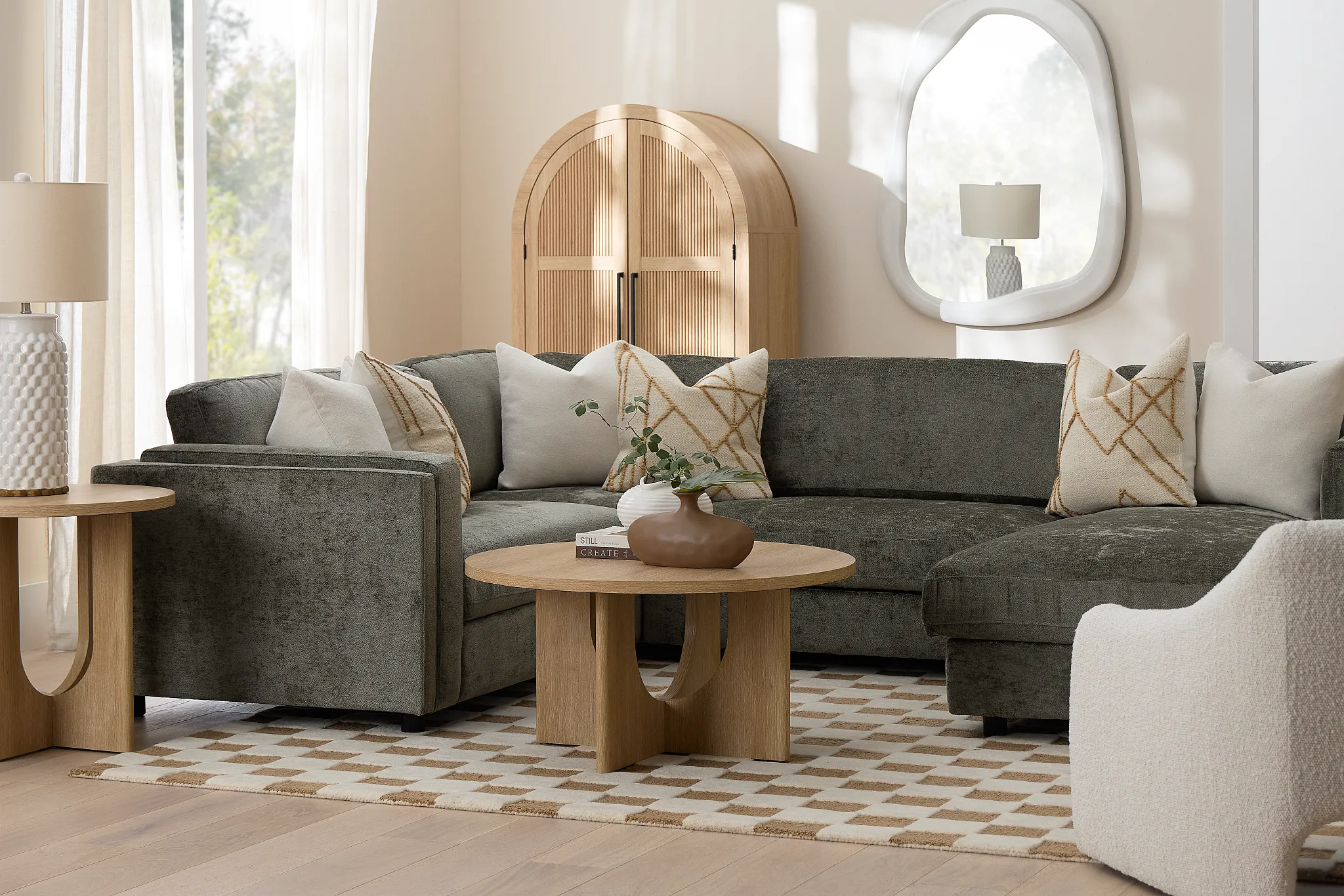 Farren Dark Green Fabric Medium Right Chaise Sleeper Sectional