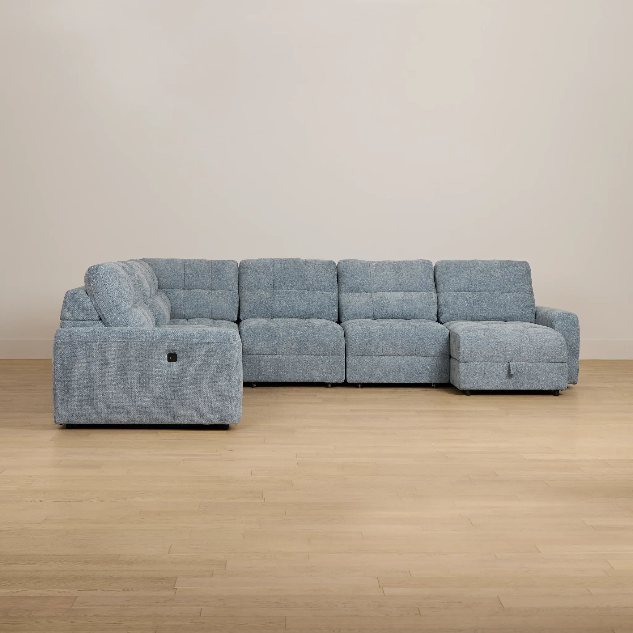 Hendrix Light Blue Fabric Large Triple Power Right Extension Chaise Sectiona