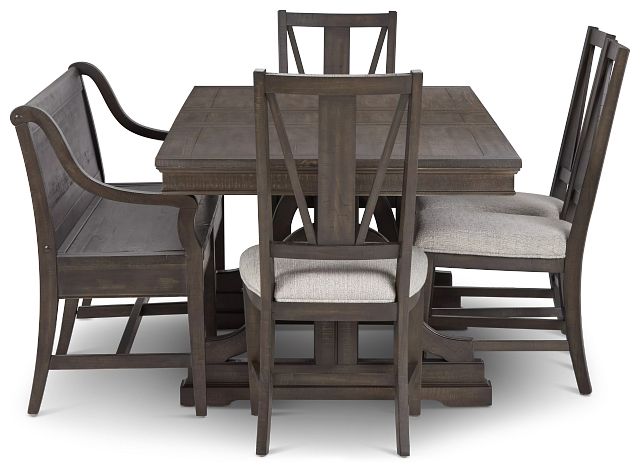 Heron Cove Dark Tone Trestle Table, 4 Chairs & Bench