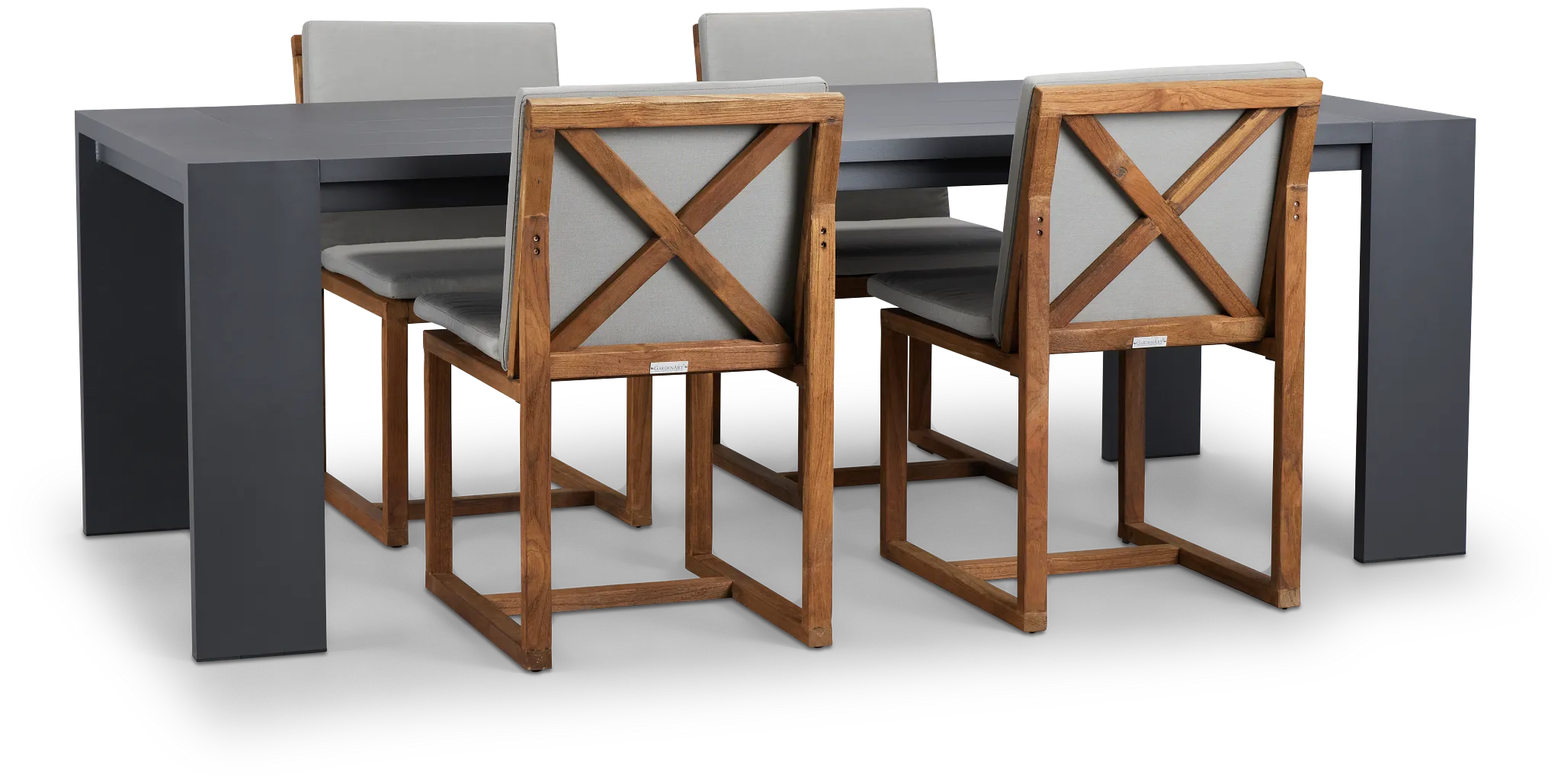 Linear Dark Gray 87" Aluminum Table & 4 Teak Cushioned Side Chairs