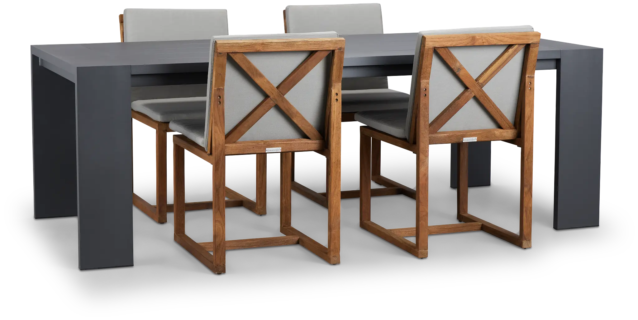 Linear Dark Gray 87" Aluminum Table & 4 Teak Cushioned Side Chairs Linear Dark Gray 87" Aluminum Table & 4 Teak Cushioned Side Chairs