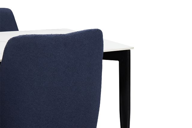 Andover White Rect Table & 4 Dark Blue Upholstered Curved Chairs