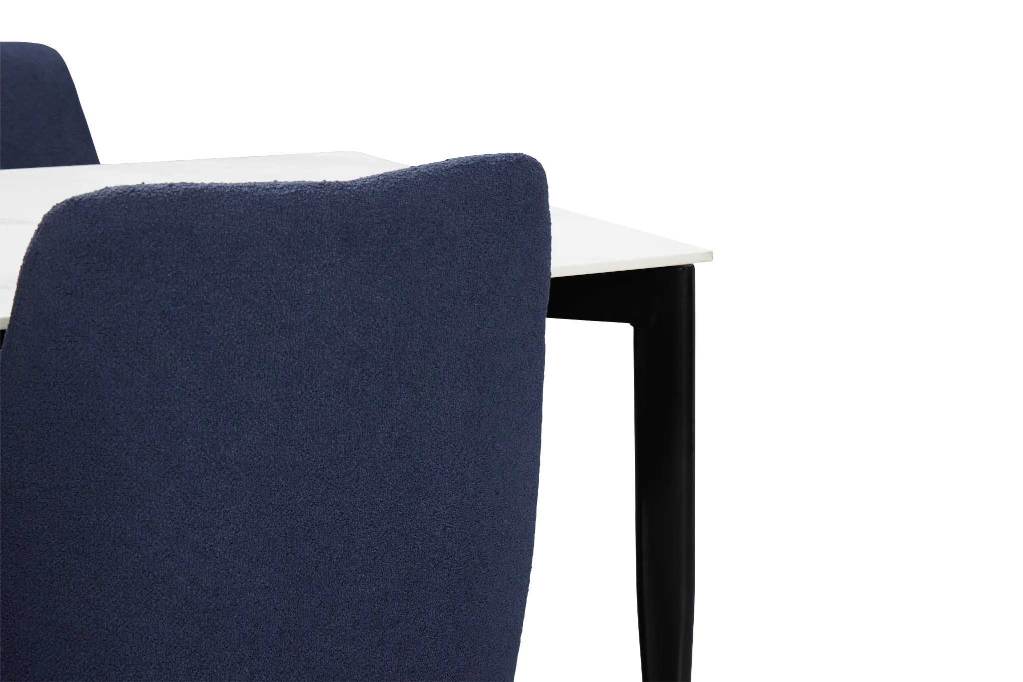 Andover White Rect Table & 4 Dark Blue Upholstered Curved Chairs Andover White Rect Table & 4 Dark Blue Upholstered Curved Chairs