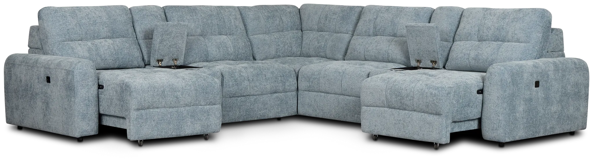 Hendrix Light Blue Fabric Large Dual Power 2 Arm Extension Chaise Sectional