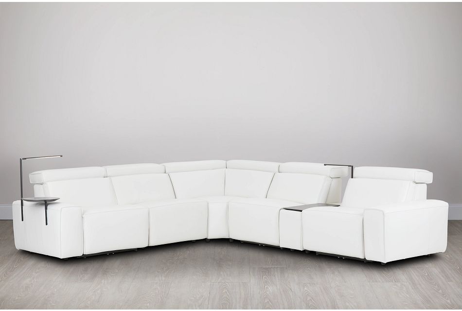 Carmelo WHITE LEATHER Medium Dual Power Sectional w/Left Table & Light, (0)