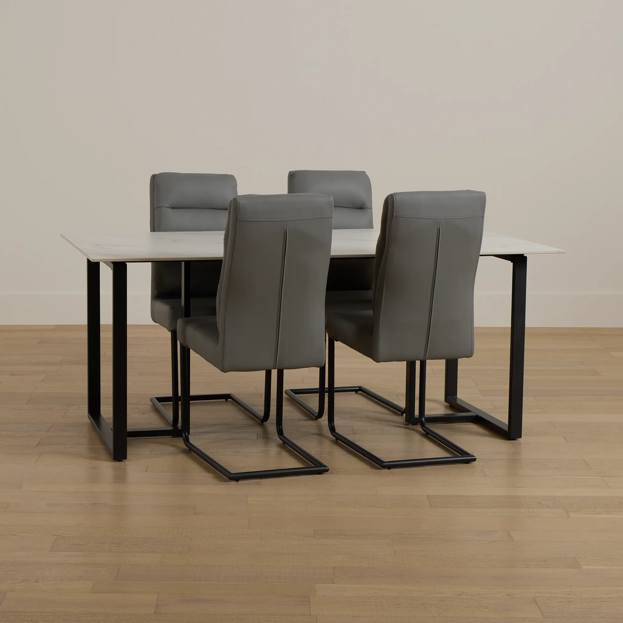 Paxton White Rect Table & 4 Gray Upholstered Chairs