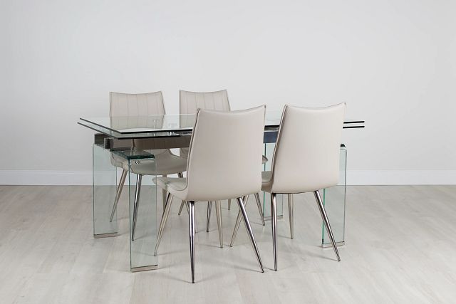 Wynwood Glass Rect Table & 4 Light Taupe Upholstered Chairs