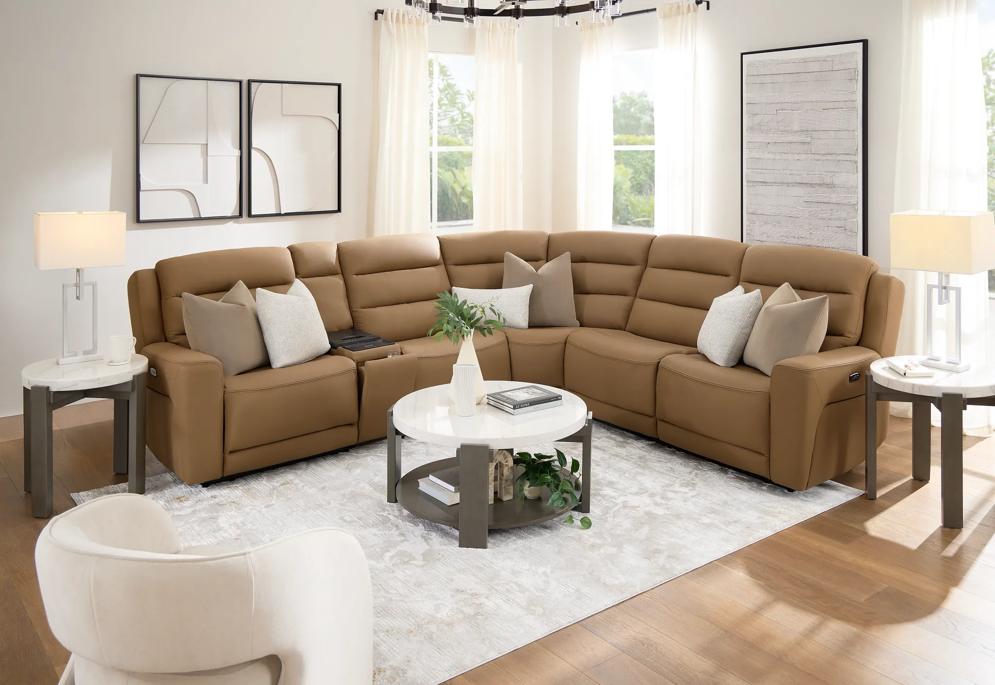 Wilder Brown Leather Medium Triple Power 2-arm Sectional