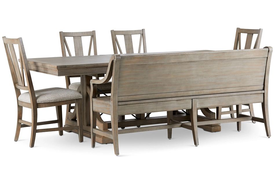 Heron Cove Light Tone Trestle Table, 4 Chairs & Bench