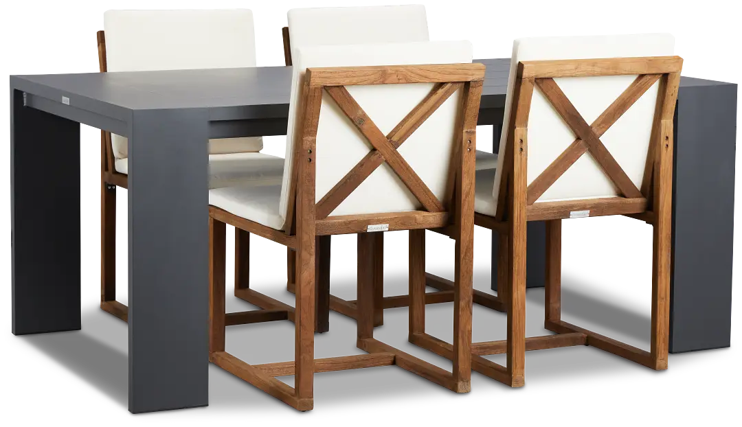 Linear Dark Gray White 70" Aluminum Table & 4 Teak Cushioned Side Chairs Linear Dark Gray White 70" Aluminum Table & 4 Teak Cushioned Side Chairs