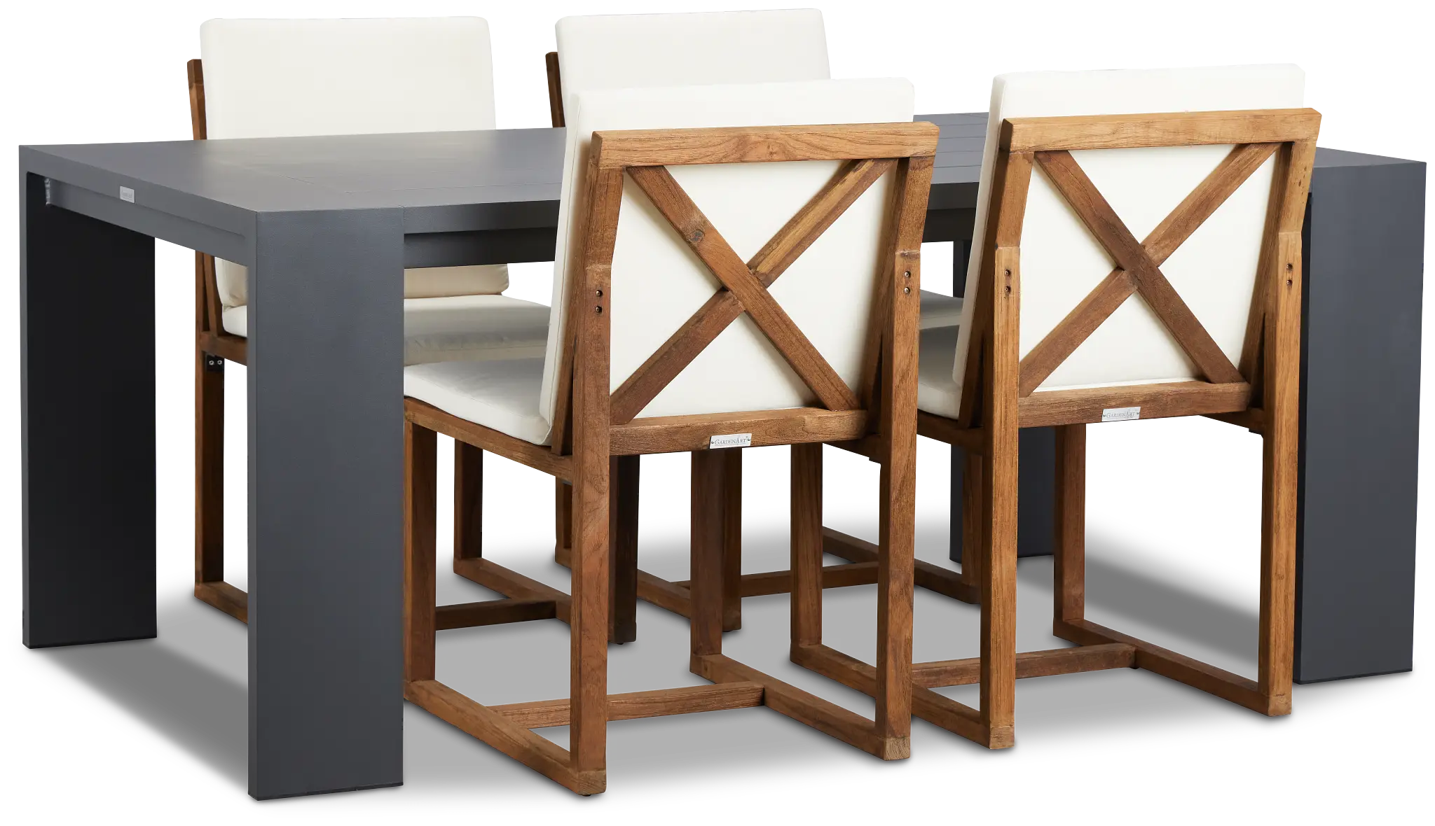 Linear Dark Gray White 70" Aluminum Table & 4 Teak Cushioned Side Chairs Linear Dark Gray White 70" Aluminum Table & 4 Teak Cushioned Side Chairs