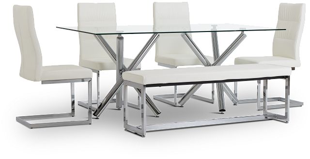 Quincy Glass White Table, 4 Chairs & Bench (2)