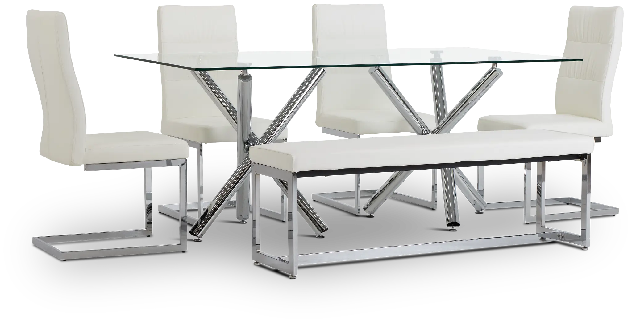 Quincy Glass White Table, 4 Chairs & Bench Quincy Glass White Table, 4 Chairs & Bench