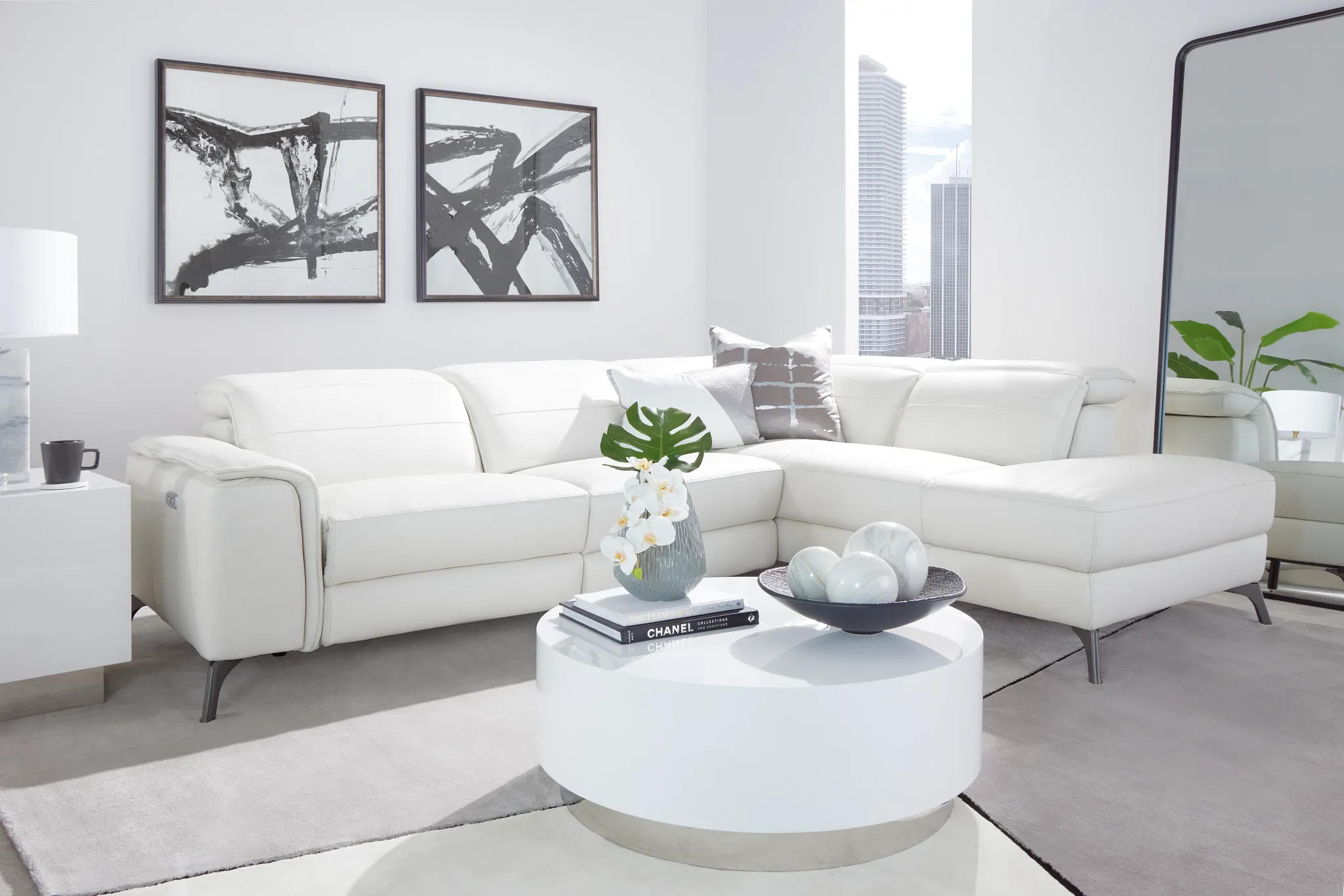 Pearson White Leather Right Bumper Power Reclining Sectional