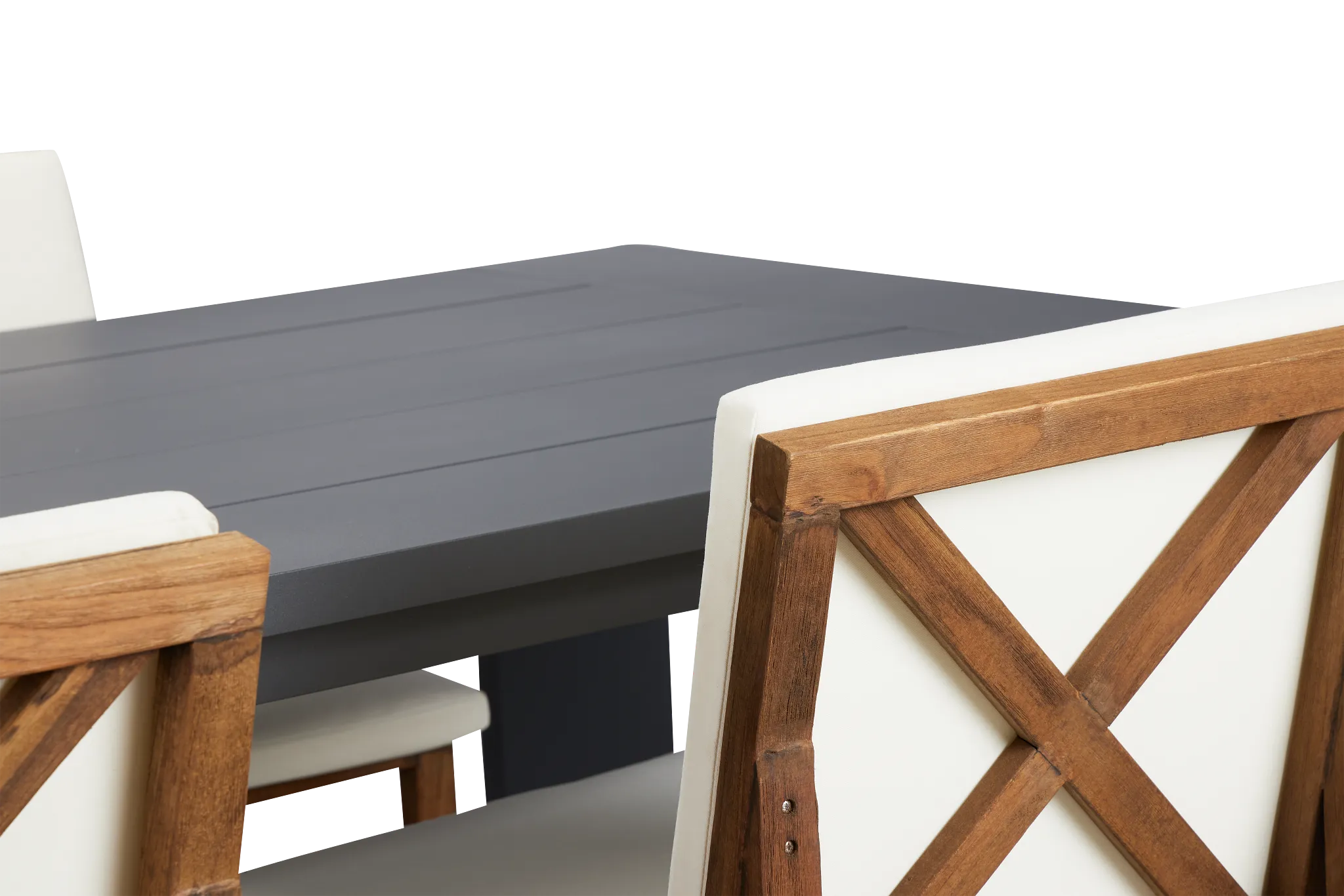 Linear Dark Gray White 87" Aluminum Table & 4 Teak Cushioned Side Chairs