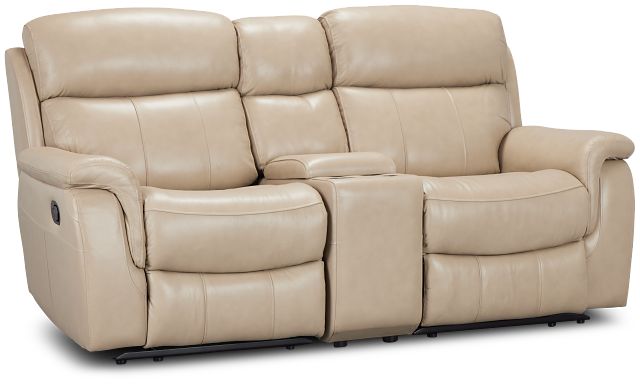 Graham Light Beige Lthr/vinyl Reclining Console Loveseat